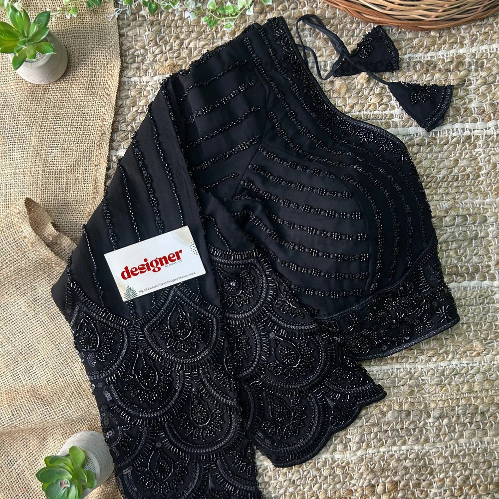 Black Color Beaded Readymade Designer Blouse With Long Sleeves — view 3