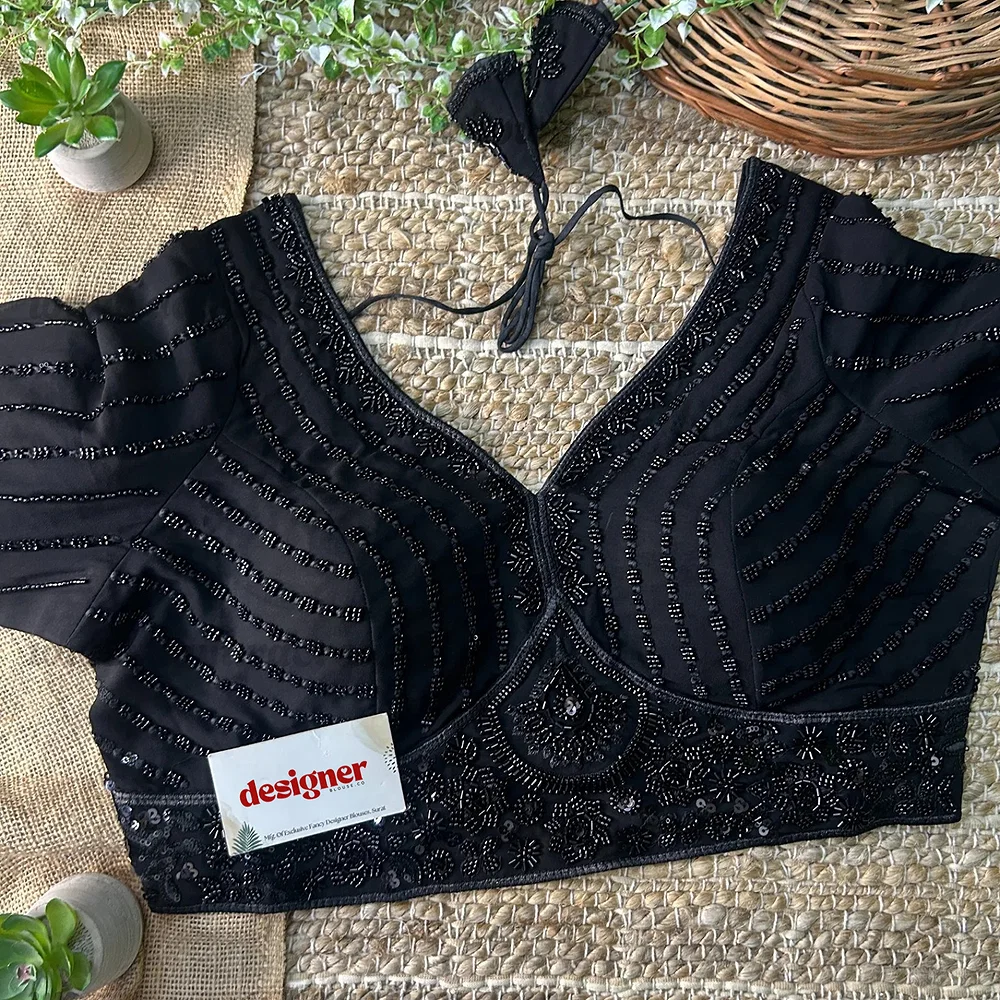 Black Color Beaded Readymade Designer Blouse With Long Sleeves — view 2