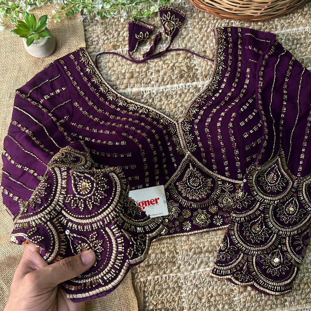 Wine Color Beaded Readymade Designer Blouse With Long Sleeves — view 1