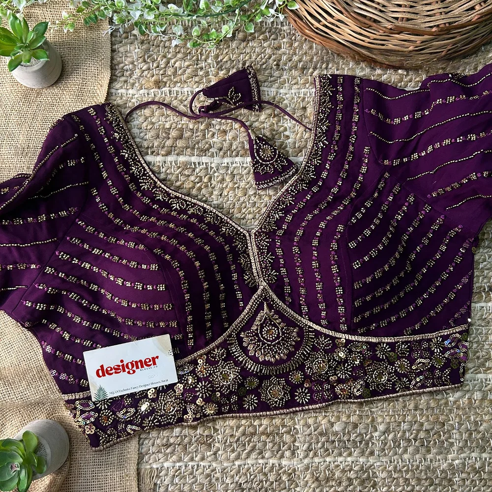 Wine Color Beaded Readymade Designer Blouse With Long Sleeves — view 3