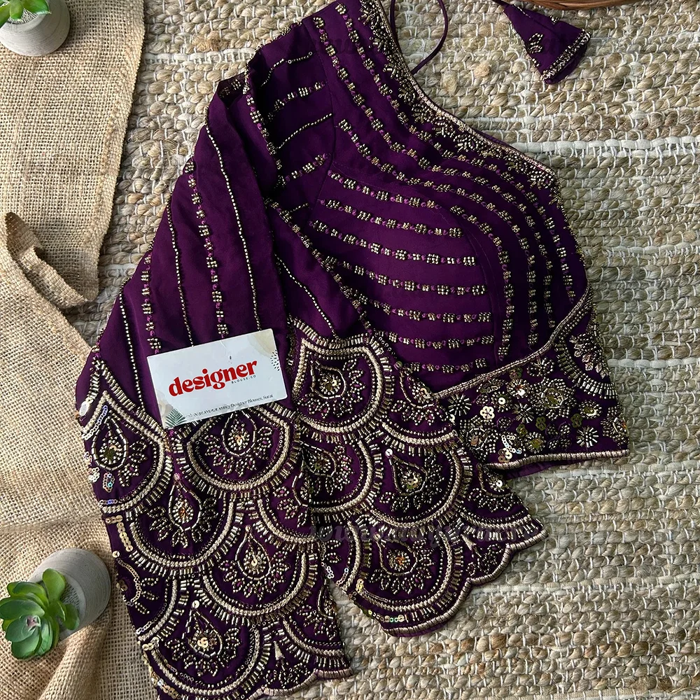 Wine Color Beaded Readymade Designer Blouse With Long Sleeves — view 4
