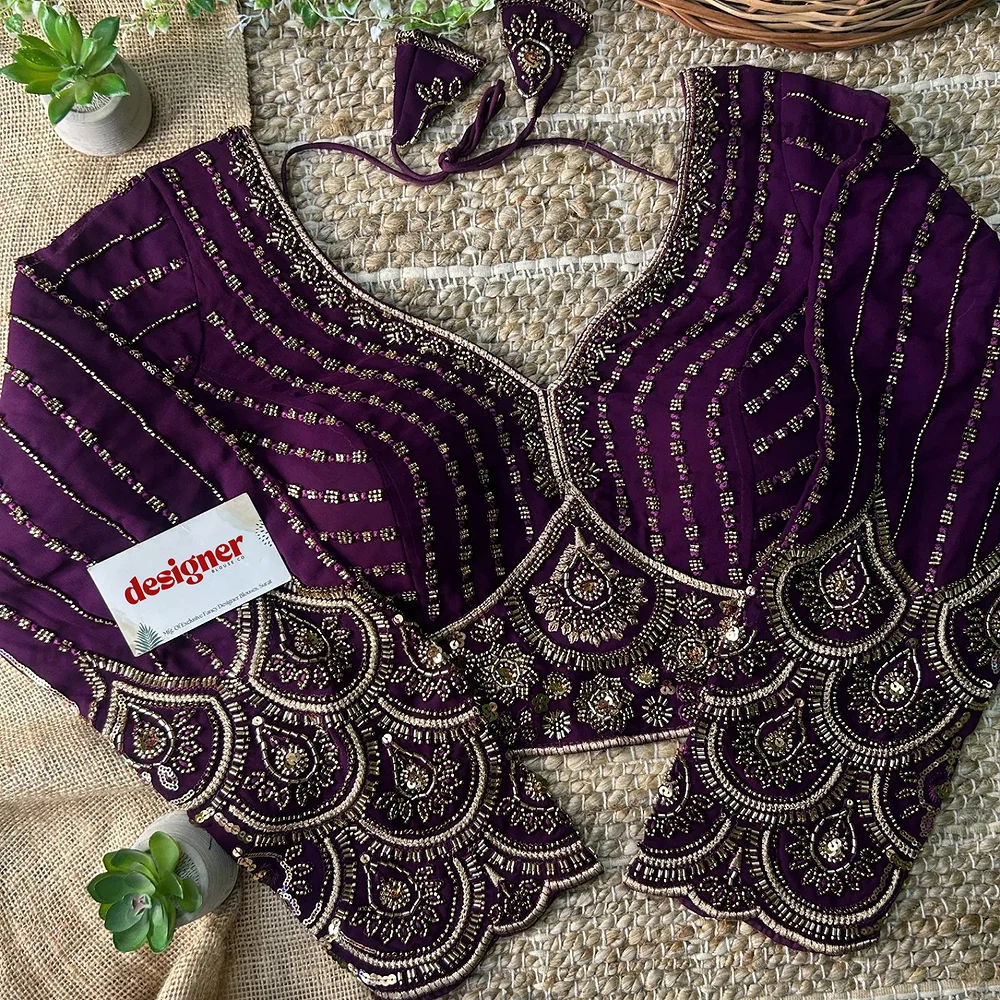 Wine Color Beaded Readymade Designer Blouse With Long Sleeves — view 2