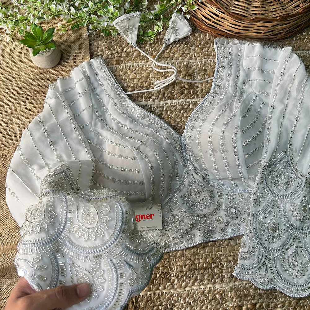 White Color Beaded Readymade Designer Blouse With Long Sleeves — view 1