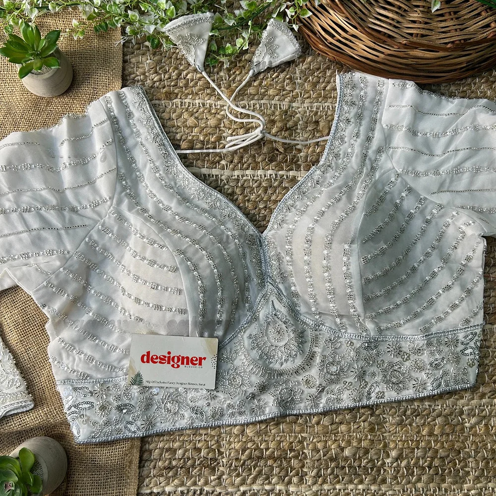 White Color Beaded Readymade Designer Blouse With Long Sleeves — view 3