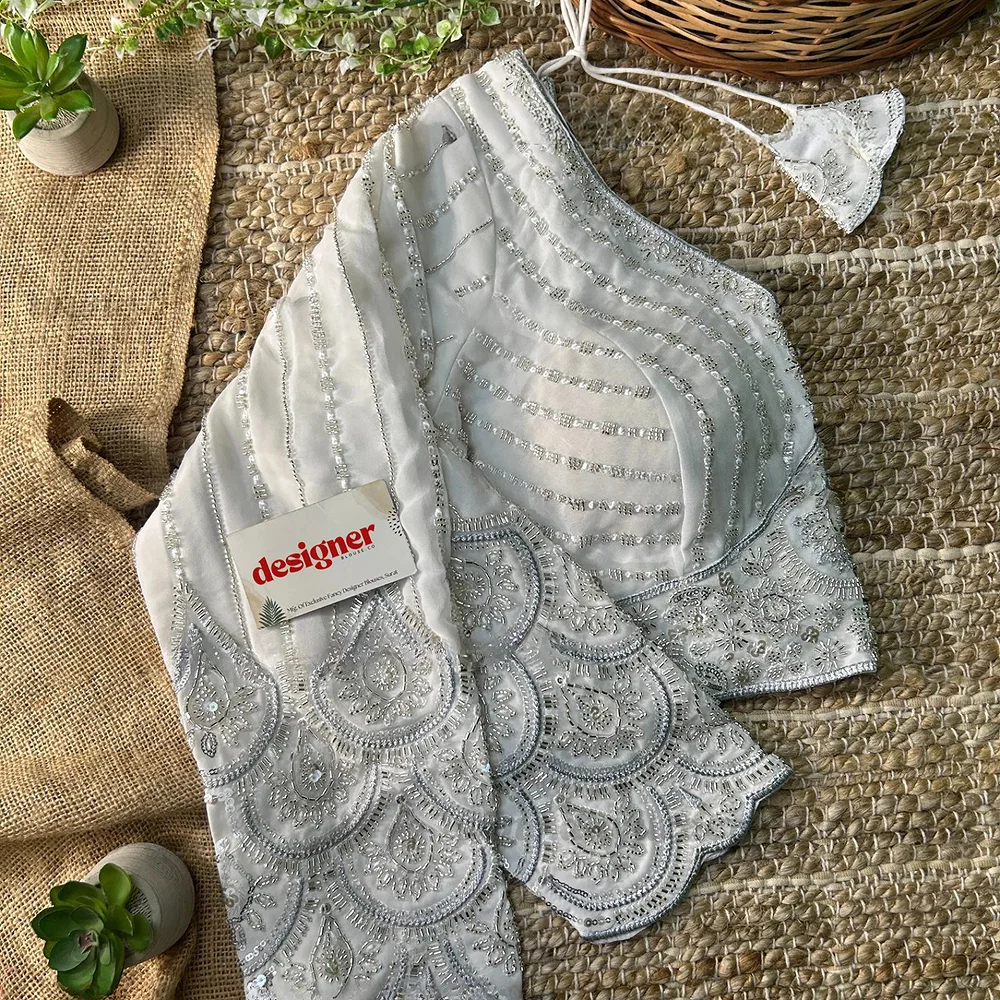 White Color Beaded Readymade Designer Blouse With Long Sleeves — view 2