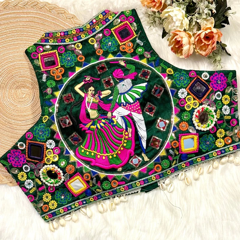 Bottle Green Color Navratri Special Readymade Halter Neck Blouse In Italian Silk