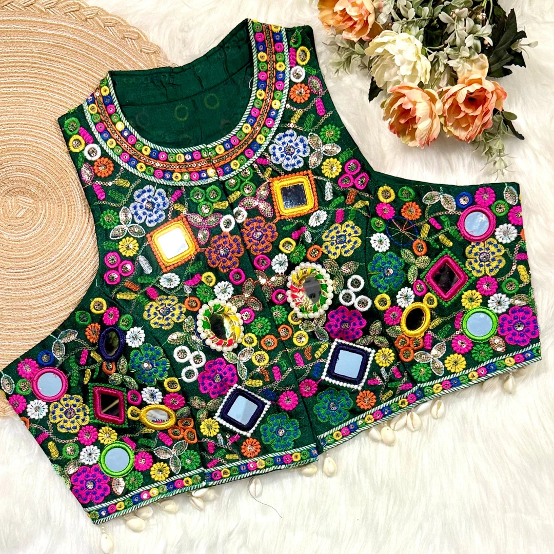 Bottle Green Color Navratri Special Readymade Halter Neck Blouse In Italian Silk