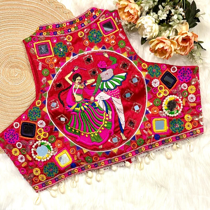 Red Color Navratri Special Readymade Halter Neck Blouse In Italian Silk