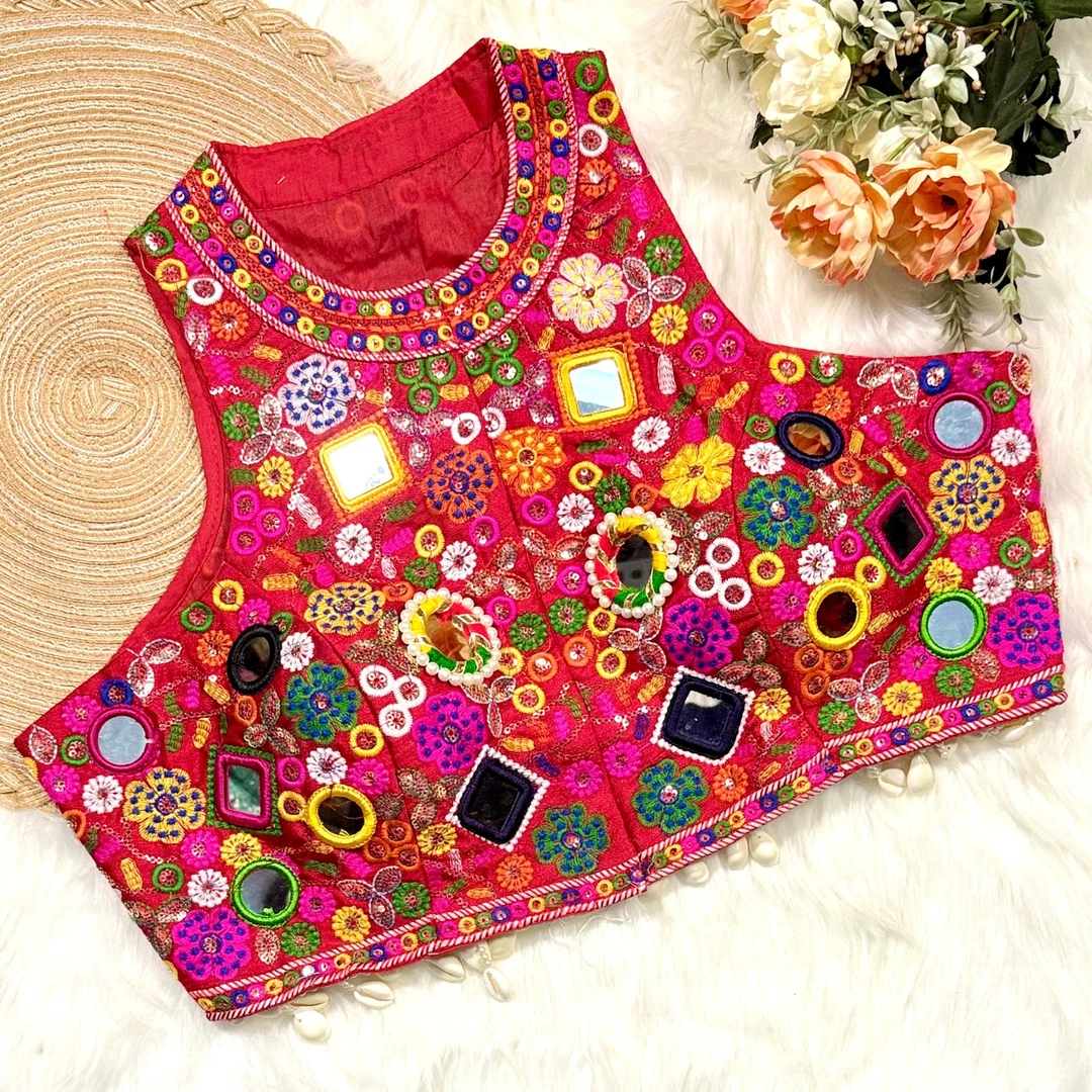 Red Color Navratri Special Readymade Halter Neck Blouse In Italian Silk