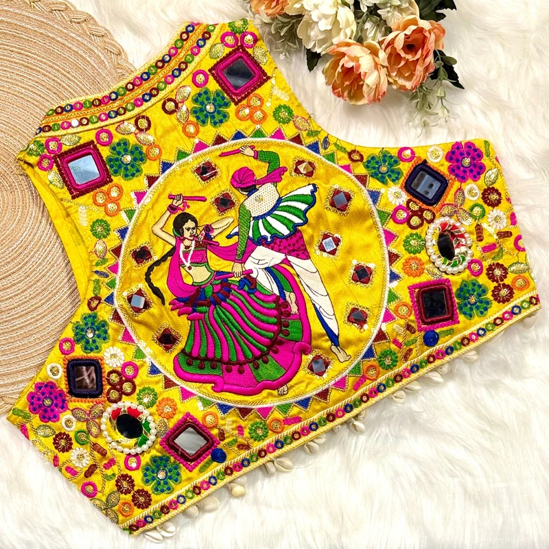 Yellow Color Navratri Special Readymade Halter Neck Blouse In Italian Silk