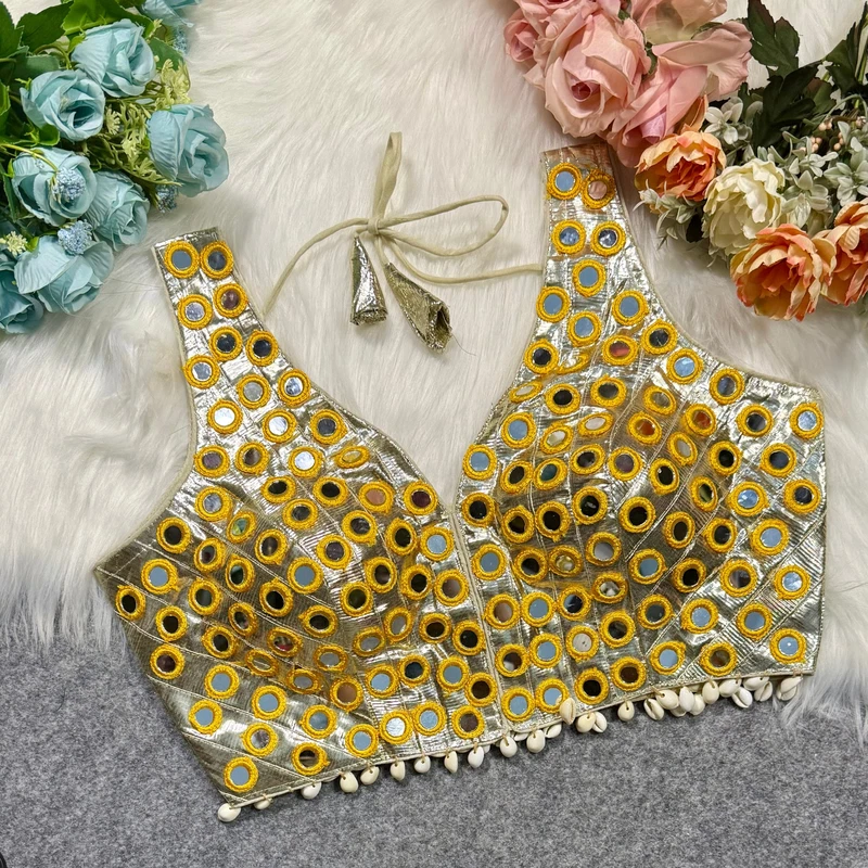 Golden Color Navratri Special Readymade Mirror Work Blouse