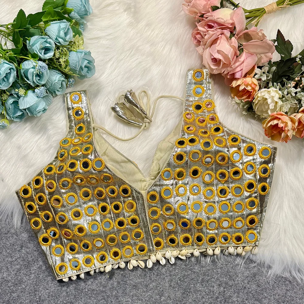 Golden Color Navratri Special Readymade Mirror Work Blouse — view 2