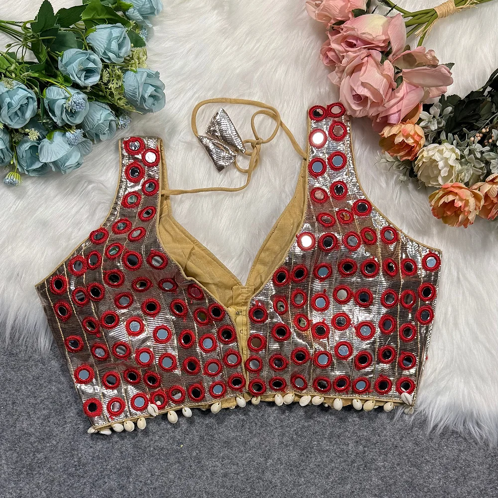 Red Color Navratri Special Readymade Mirror Work Blouse — view 2