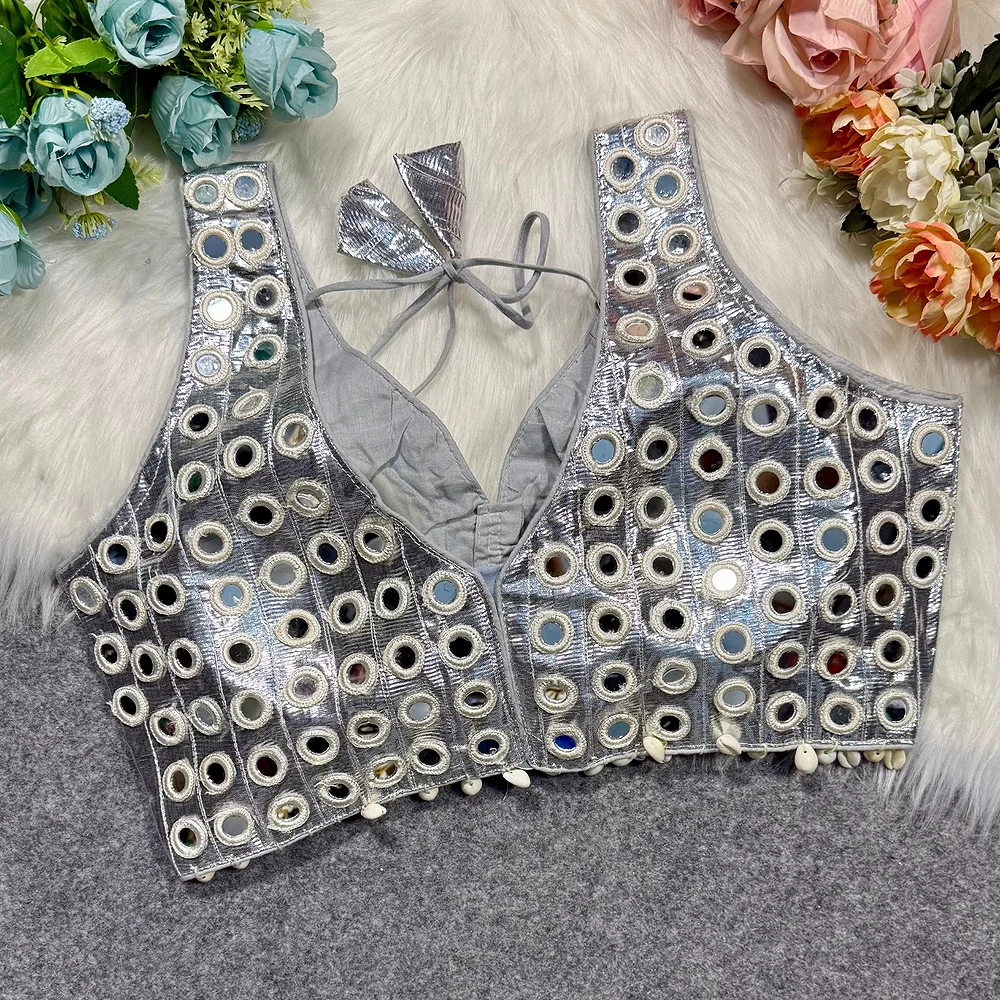Silver Color Navratri Special Readymade Mirror Work Blouse — view 2