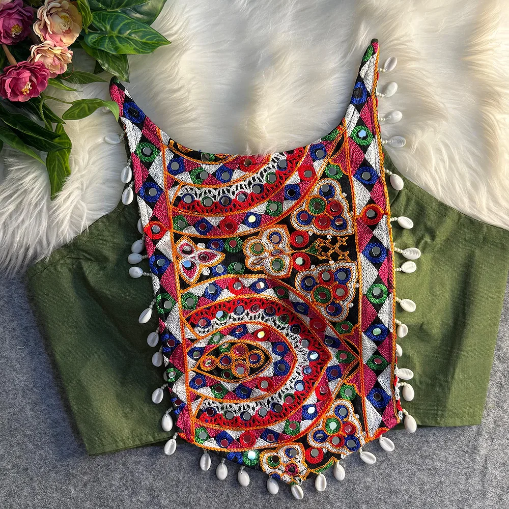 Mehndi Color Heavy Embroidered Readymade Blouse for Navratri — view 1