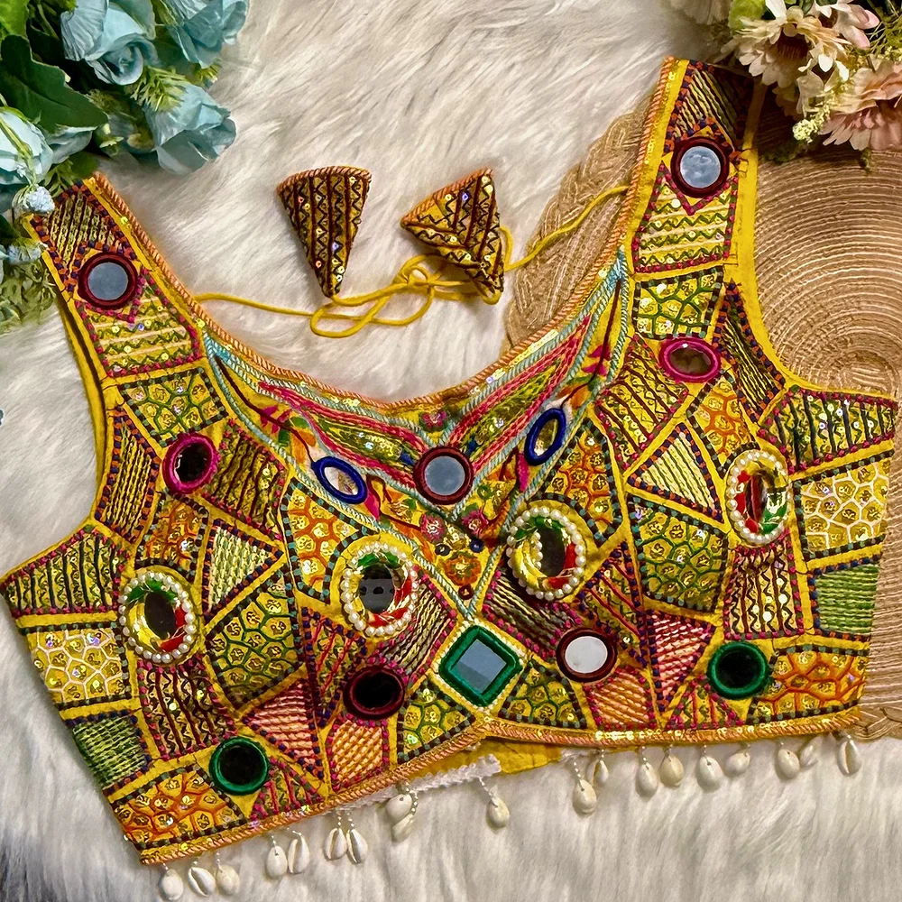 Yellow Sleeveless Navratri Handwork Readymade Blouse for Garba Nights  — view 1