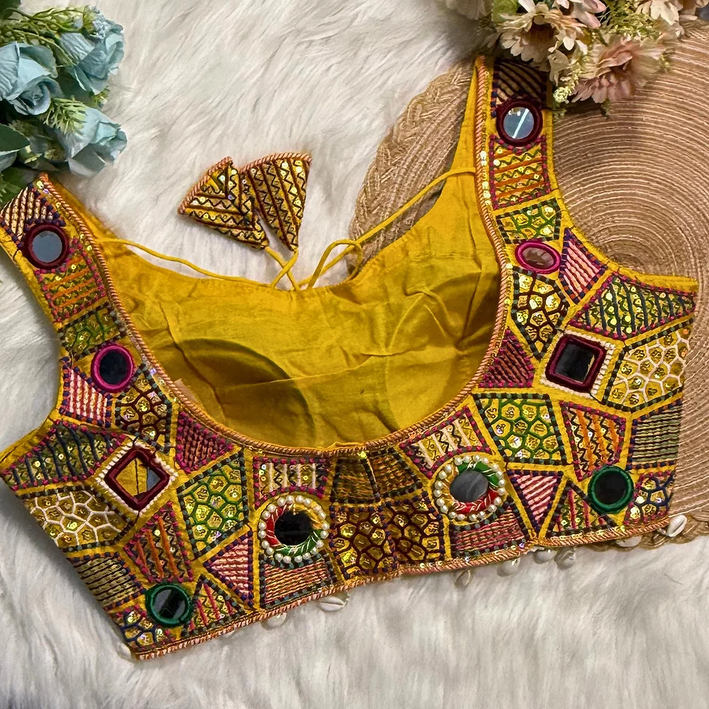 Yellow Sleeveless Navratri Handwork Readymade Blouse for Garba Nights  — view 2