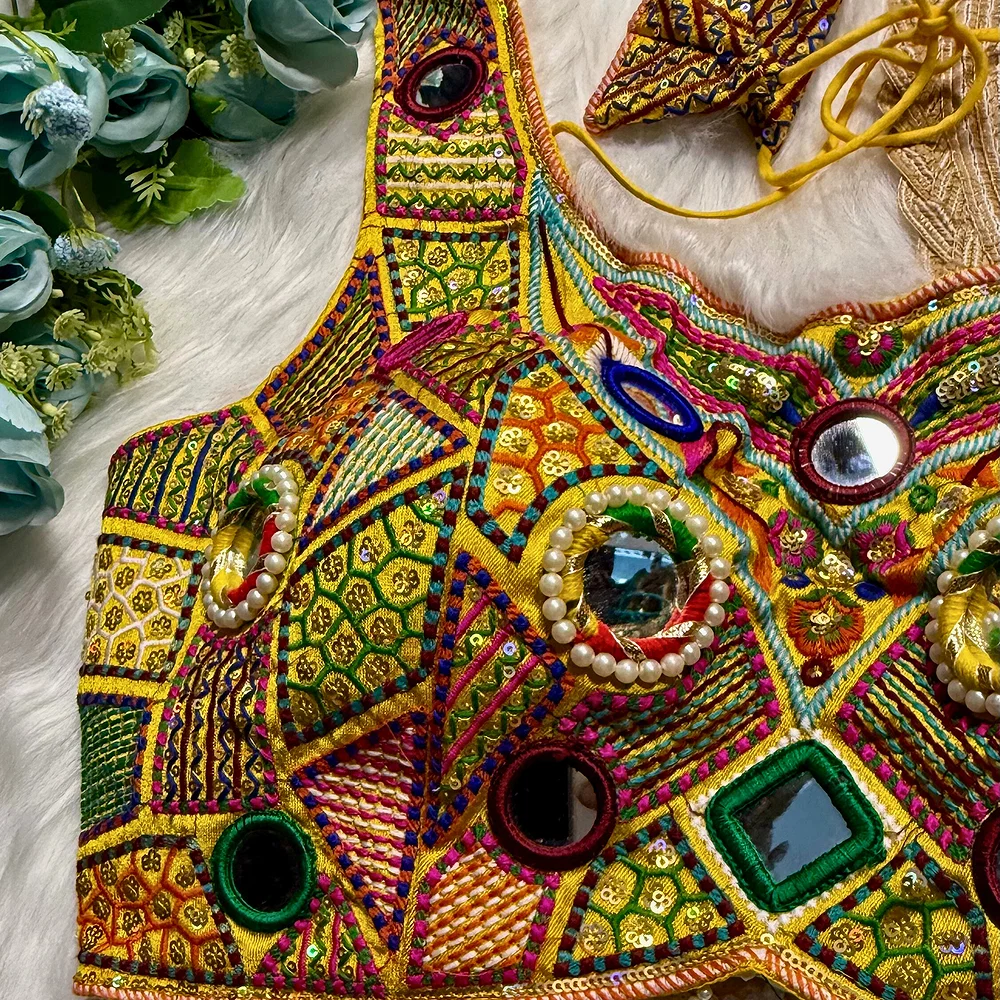 Yellow Sleeveless Navratri Handwork Readymade Blouse for Garba Nights  — view 3
