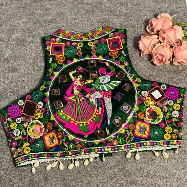 Bottle Green Color Navratri Special Readymade Halter Neck Blouse In Italian Silk