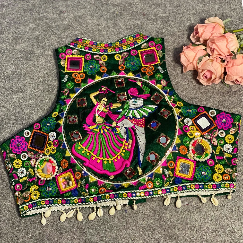Bottle Green Color Navratri Special Readymade Halter Neck Blouse In Italian Silk — view 1