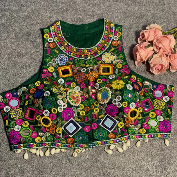 Bottle Green Color Navratri Special Readymade Halter Neck Blouse In Italian Silk