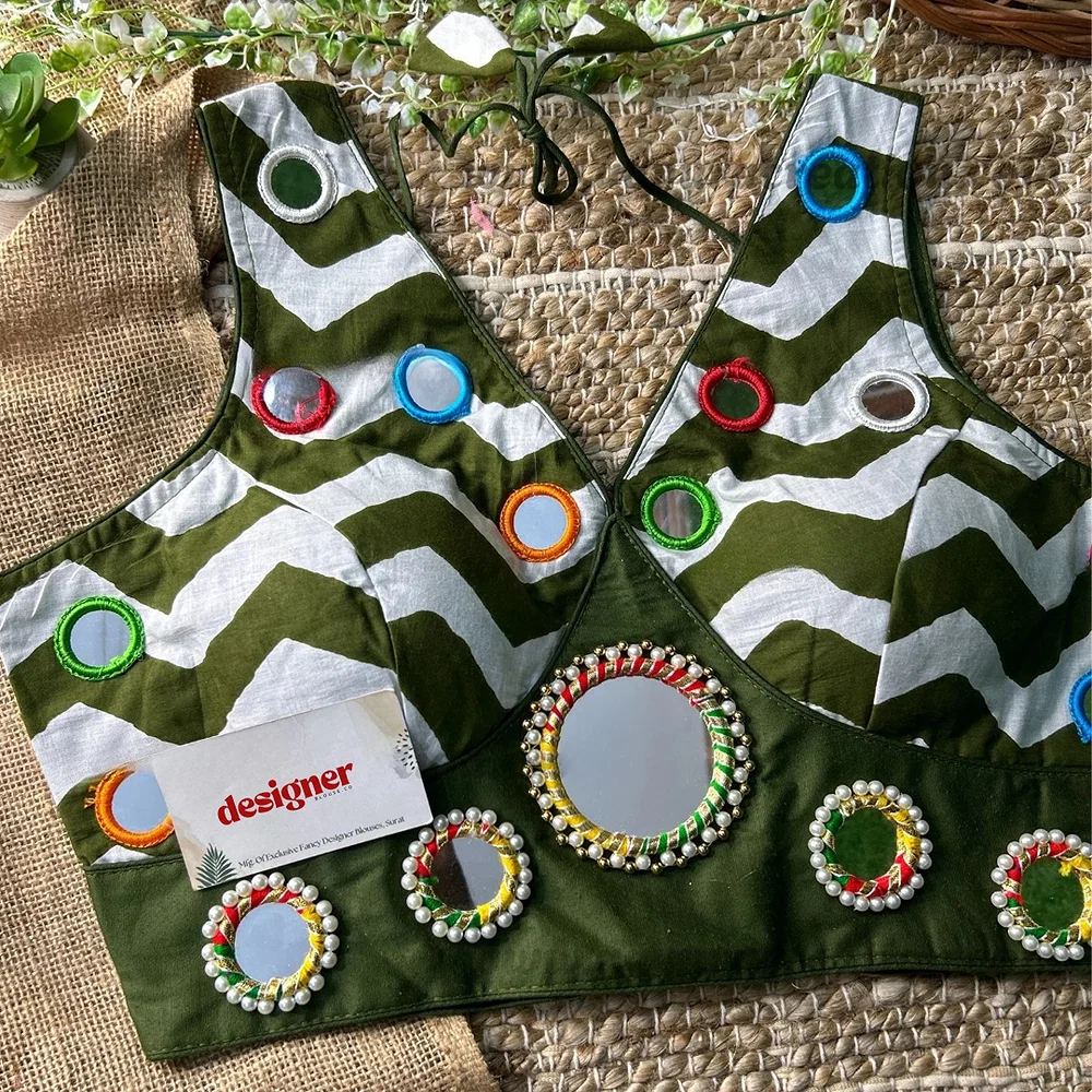 Green Color Navratri Special Readymade Blouse with Mirror Work — view 1