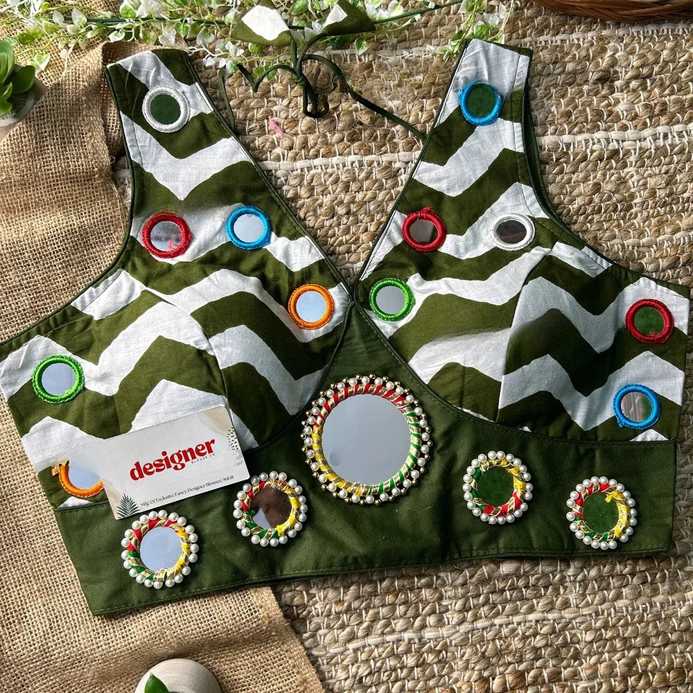 Green Color Navratri Special Readymade Blouse with Mirror Work — view 3