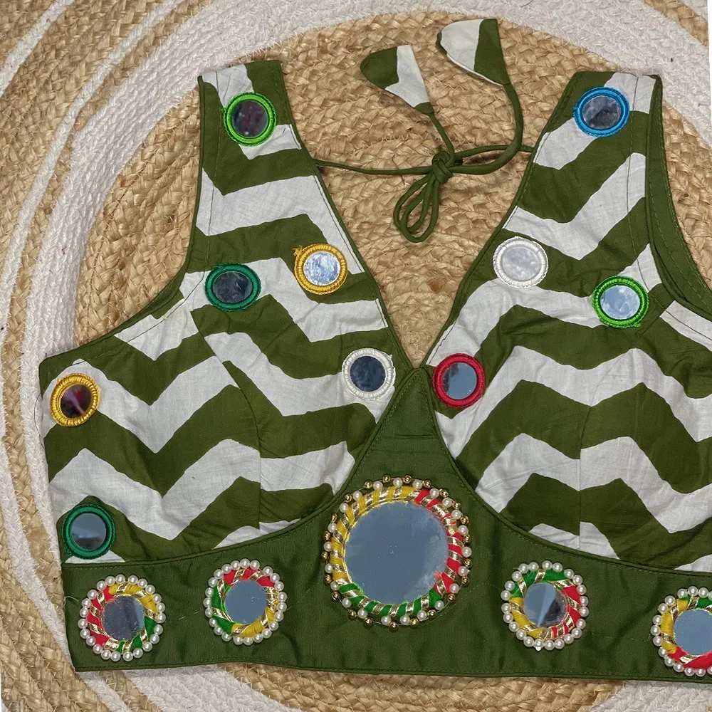 Mehndi Color Navratri Special Readymade Blouse with Mirror Work — view 1