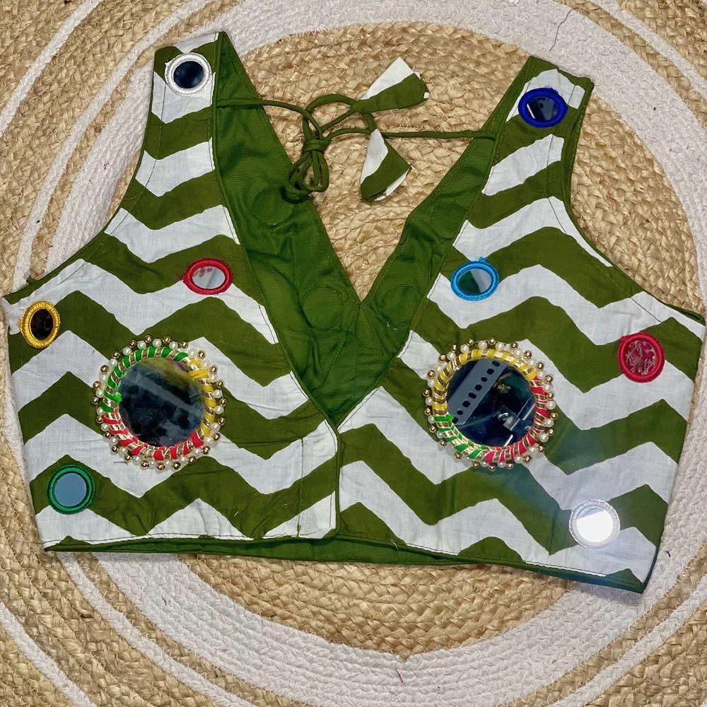 Mehndi Color Navratri Special Readymade Blouse with Mirror Work — view 3