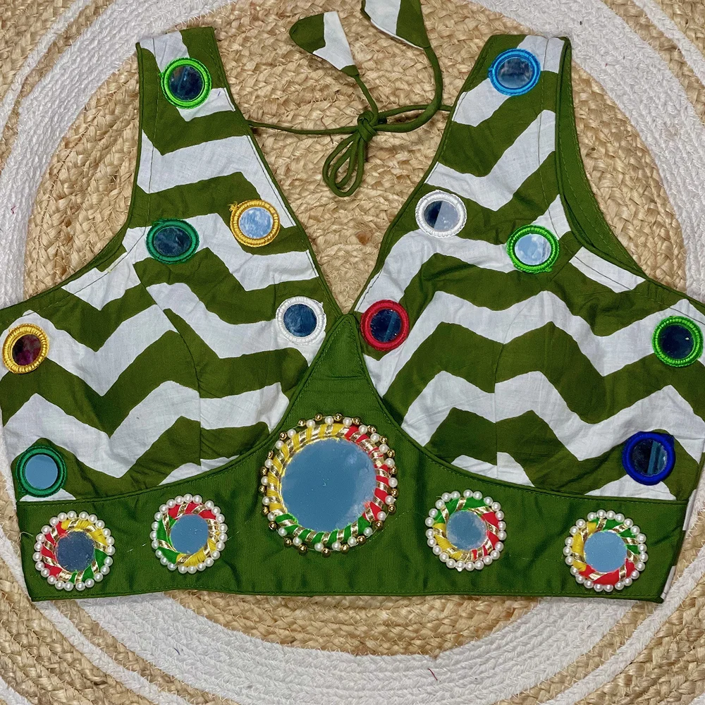 Mehndi Color Navratri Special Readymade Blouse with Mirror Work — view 2
