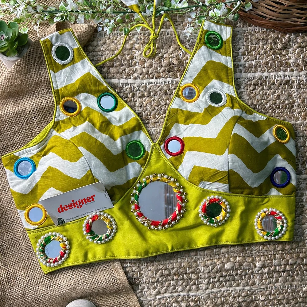 Parrot Green Color Navratri Special Readymade Blouse with Mirror Work — view 2
