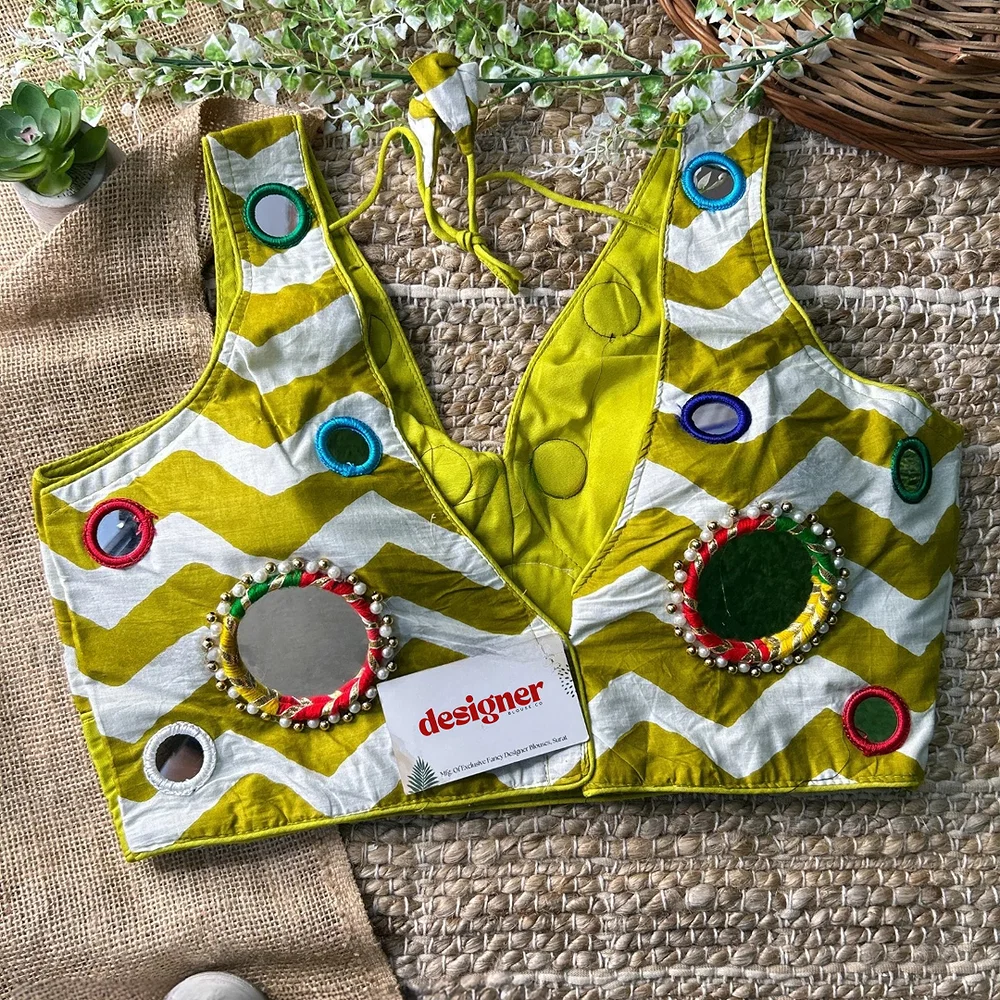 Parrot Green Color Navratri Special Readymade Blouse with Mirror Work — view 3