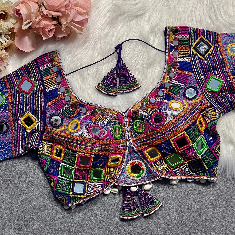 Purple Color Navratri Special Real Mirror Work Apple Cut Blouse — view 1
