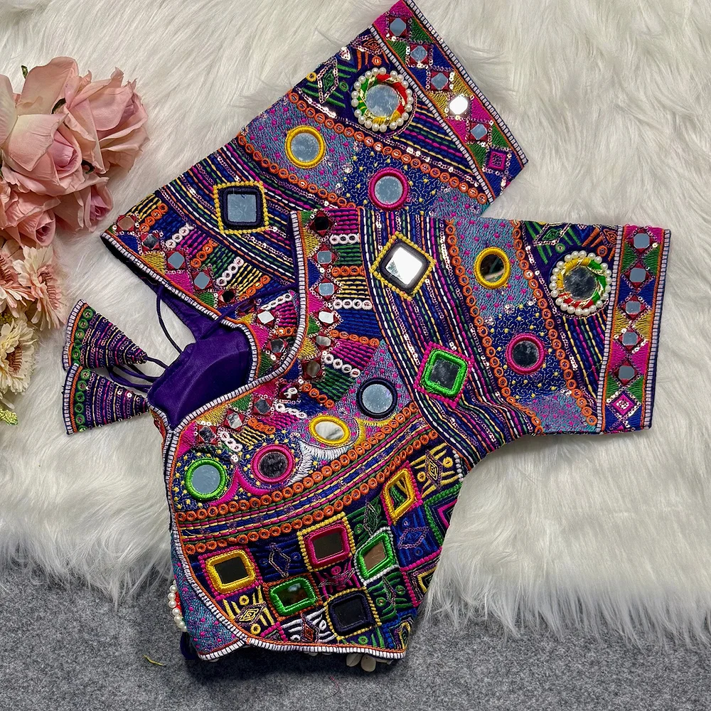Purple Color Navratri Special Real Mirror Work Apple Cut Blouse — view 3