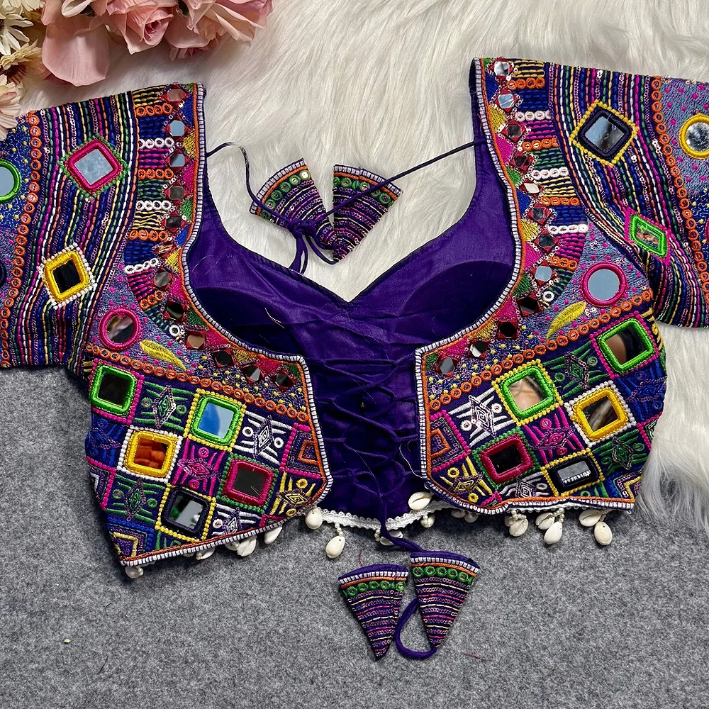 Purple Color Navratri Special Real Mirror Work Apple Cut Blouse — view 2