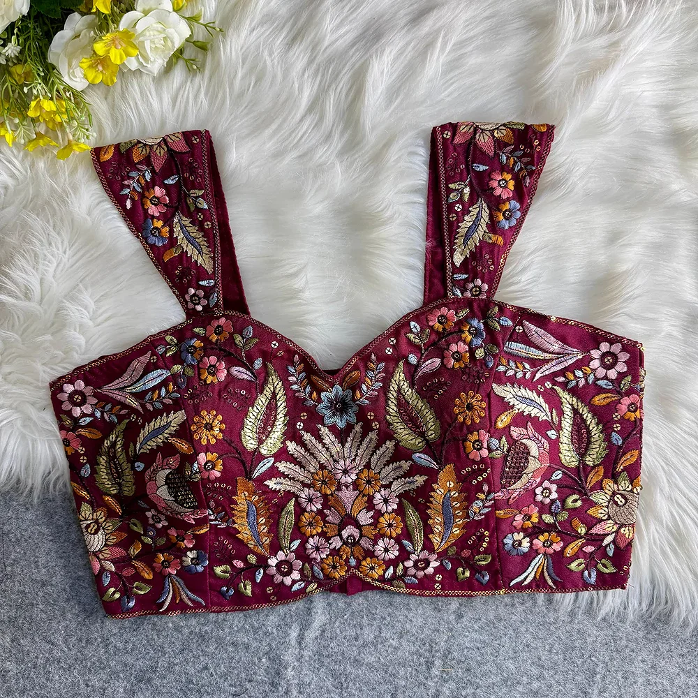 Wine Color Western Style Embroidered Georgette Blouse — view 1