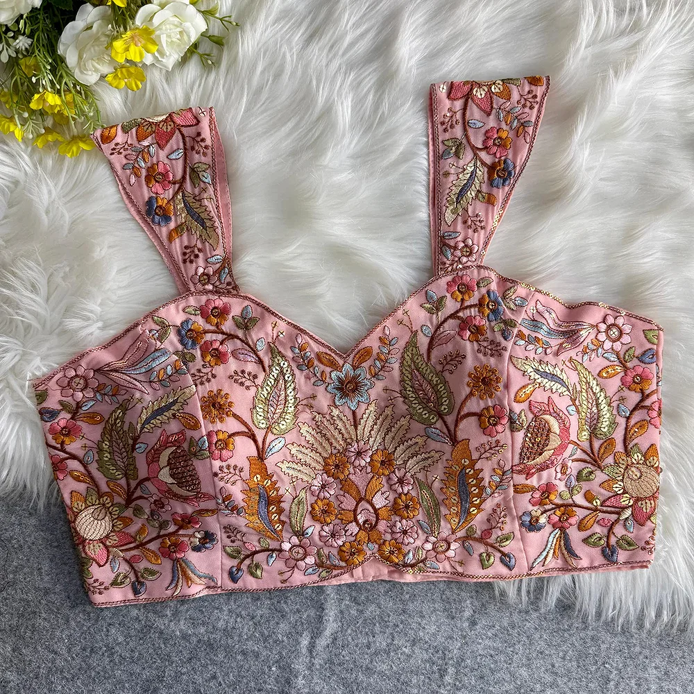 Baby Pink Color Western Style Embroidered Georgette Blouse — view 1