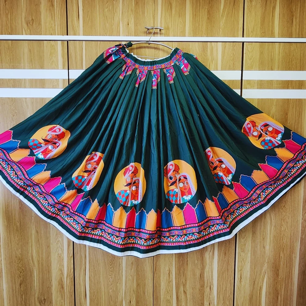 Green Color Digital Print Mirror Work Readymade Chaniya For Navratri — view 1