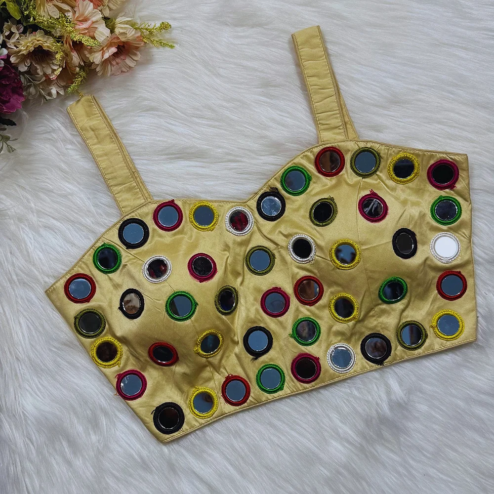 Gold Color Navratri Special Silk Mirror Work Blouse — view 1