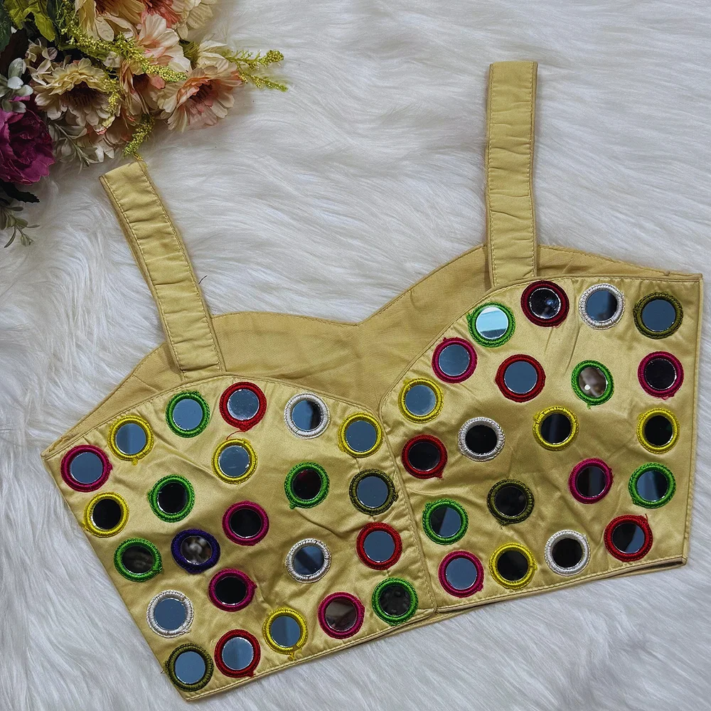 Gold Color Navratri Special Silk Mirror Work Blouse — view 2
