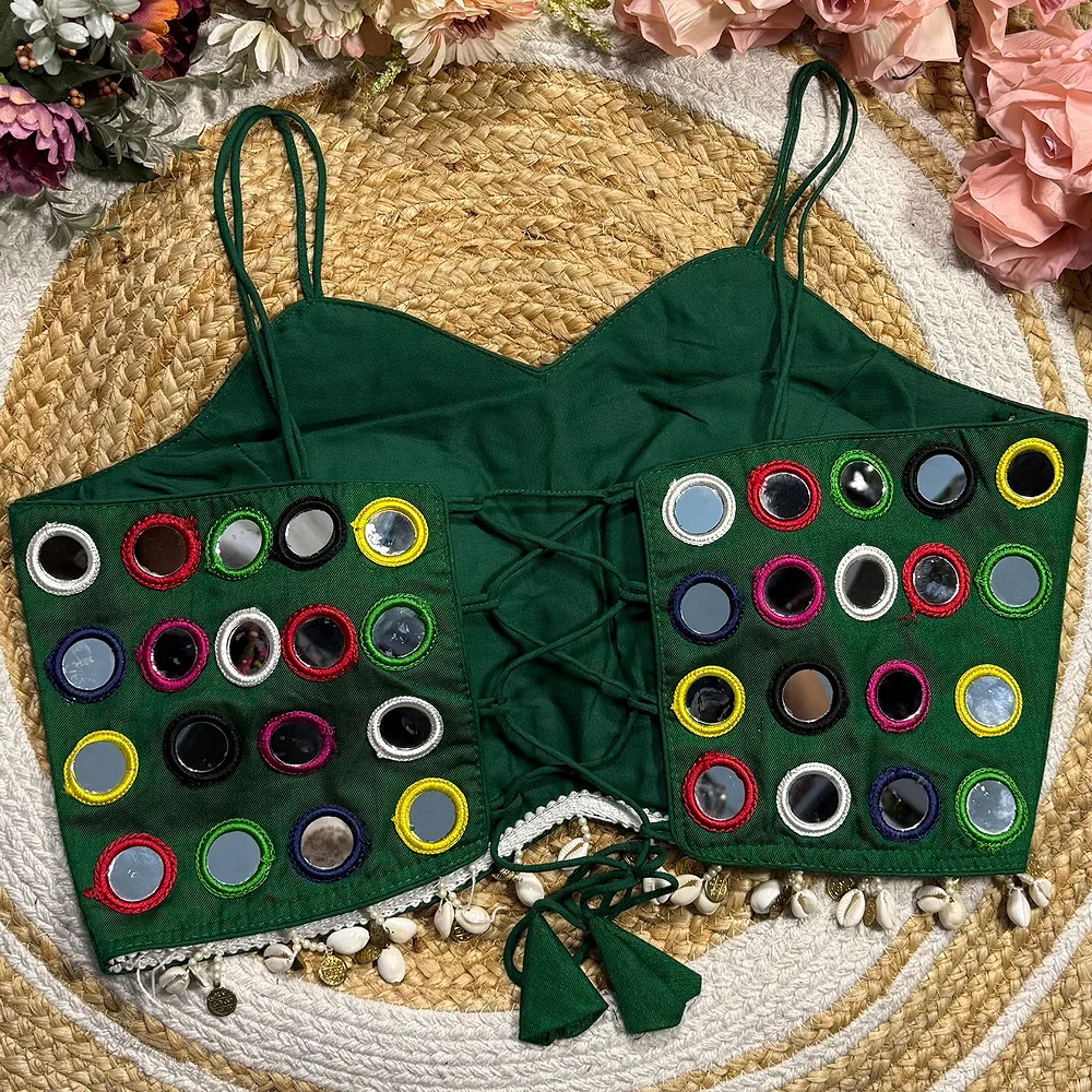 Bottle Green Silk Navratri Choli with Mirror Work and Dori Sleeves — view 2
