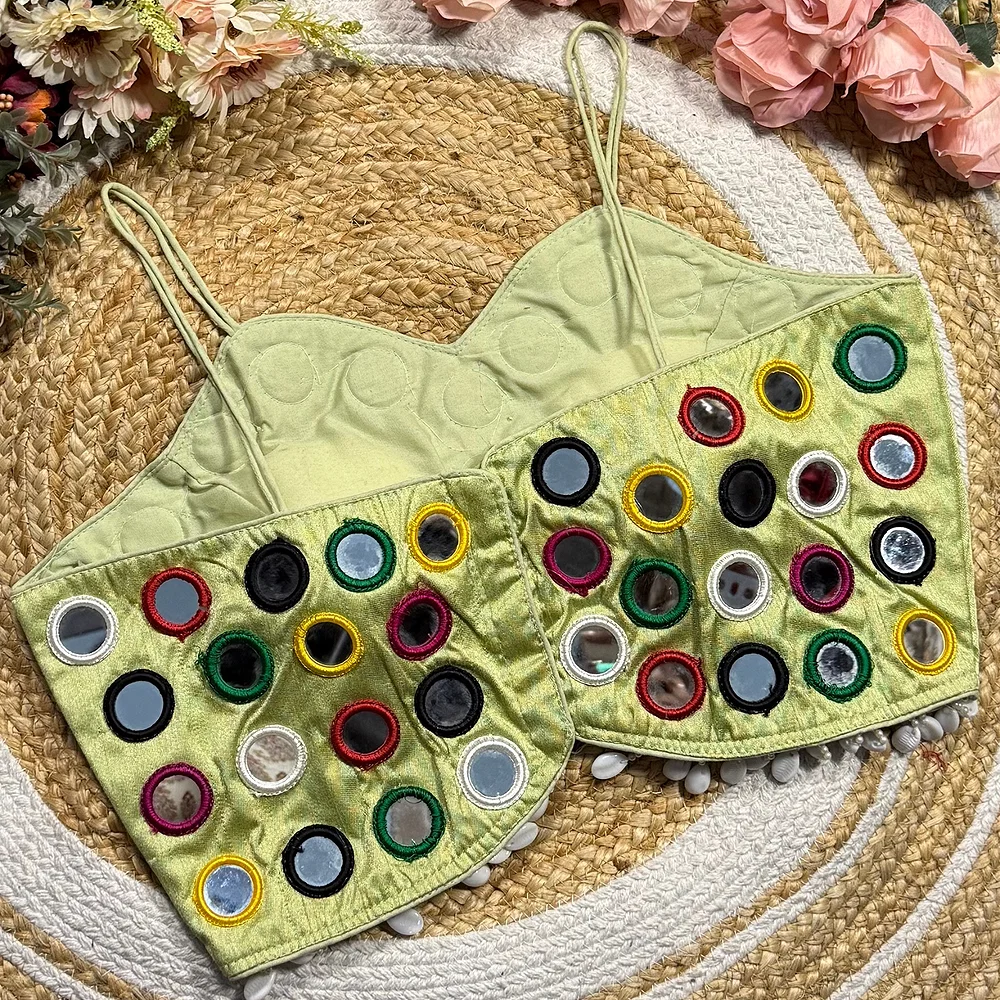 Pista Green Silk Navratri Choli with Mirror Work and Dori Sleeves — view 2