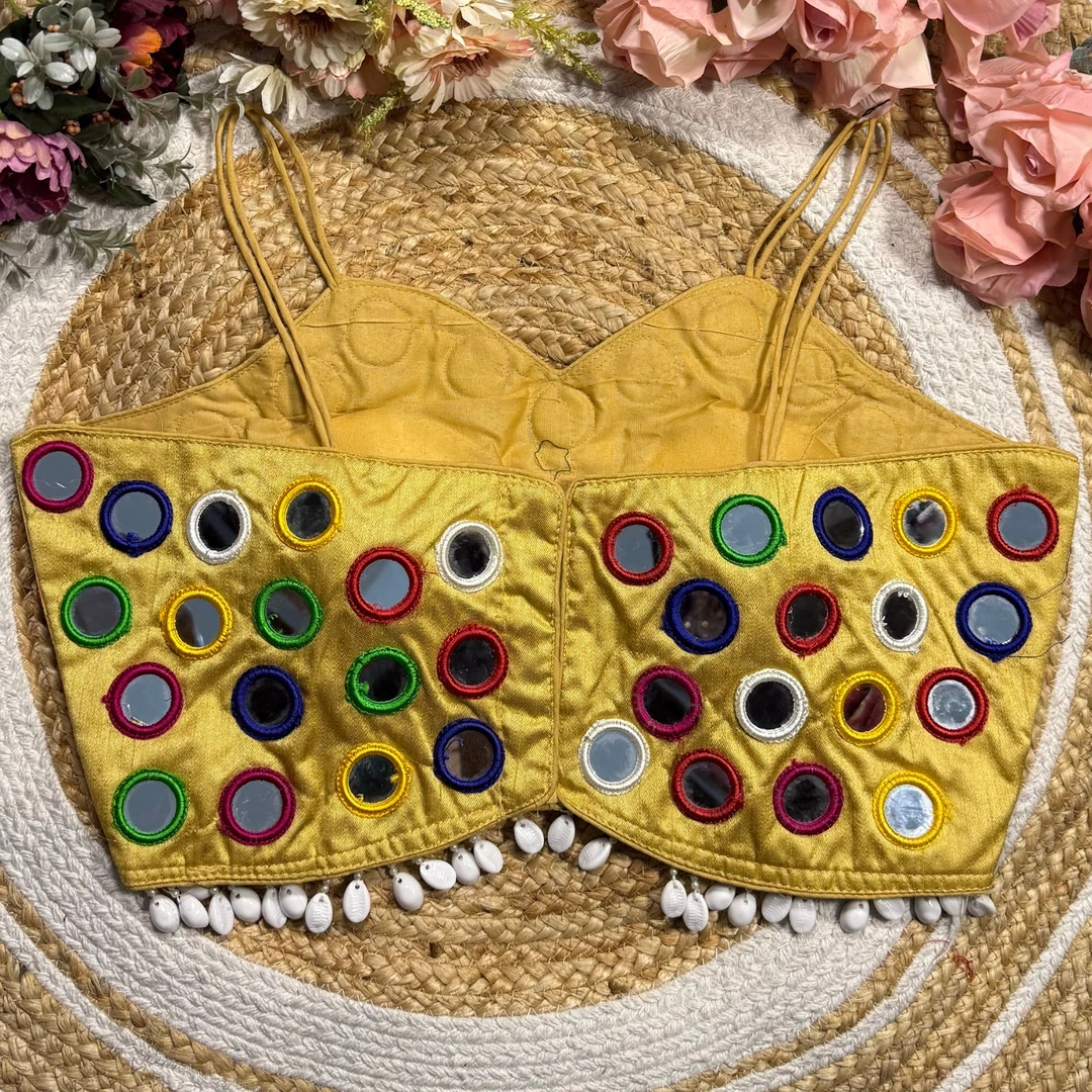 Gold Silk Navratri Choli with Mirror Work and Dori Sleeves