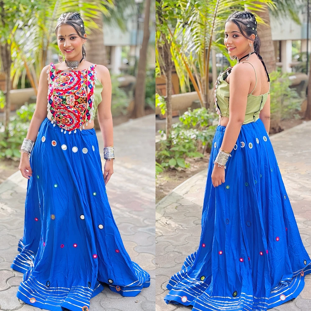 Heavy Blue Mirror Work Chaniya with Green Choli — view 1