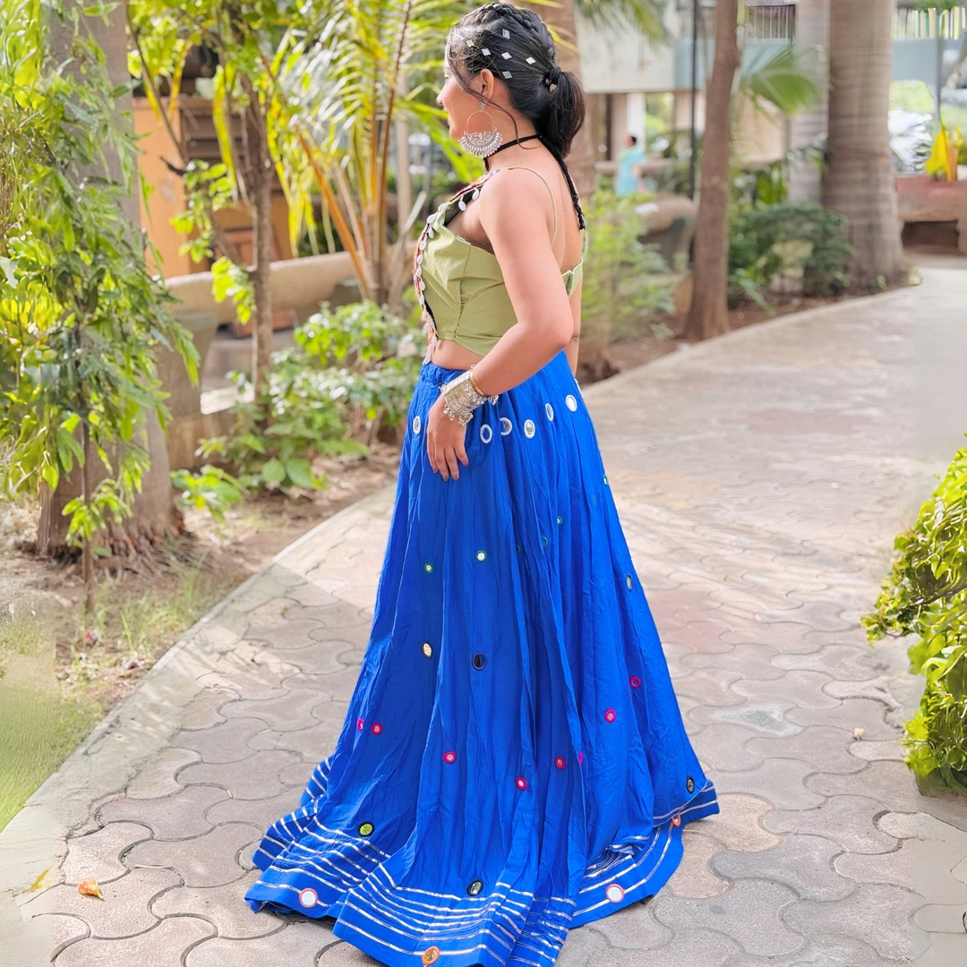 Heavy Blue Mirror Work Chaniya with Green Choli