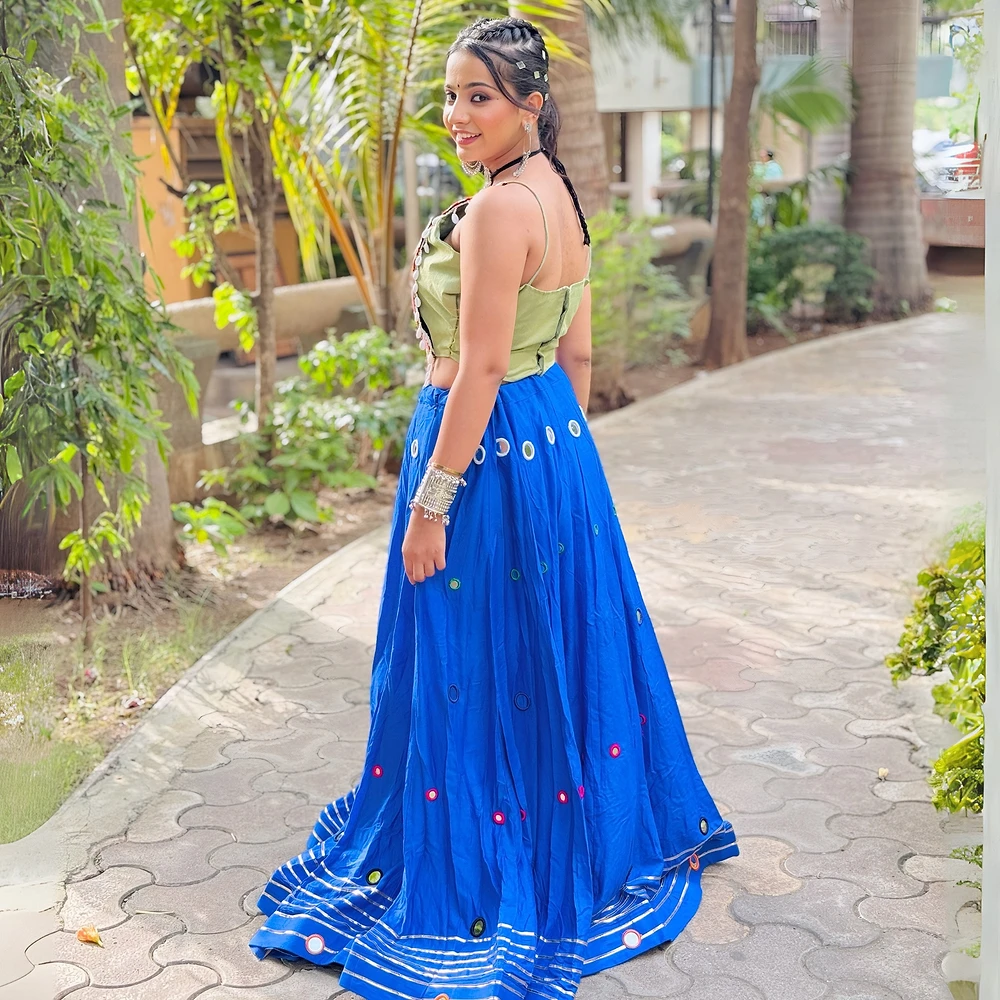 Heavy Blue Mirror Work Chaniya with Green Choli — view 5