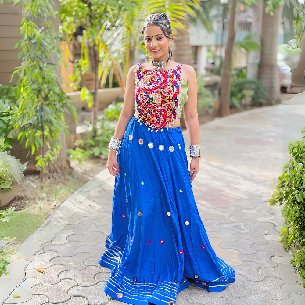 Heavy Blue Mirror Work Chaniya with Green Choli — view 4