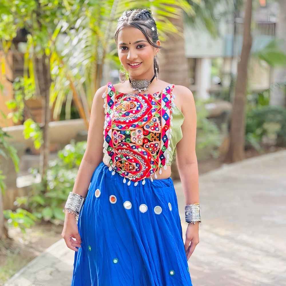 Heavy Blue Mirror Work Chaniya with Green Choli — view 2