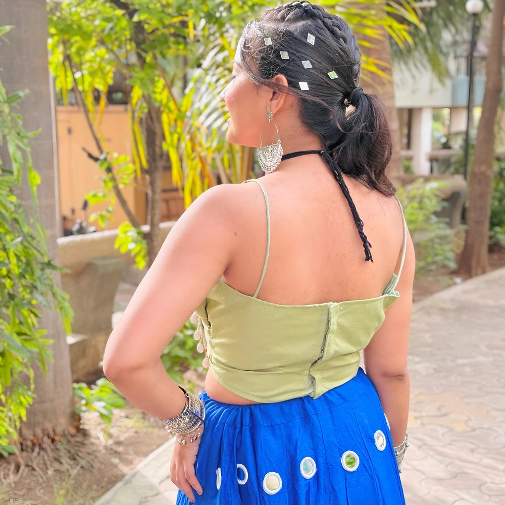 Heavy Blue Mirror Work Chaniya with Green Choli — view 3