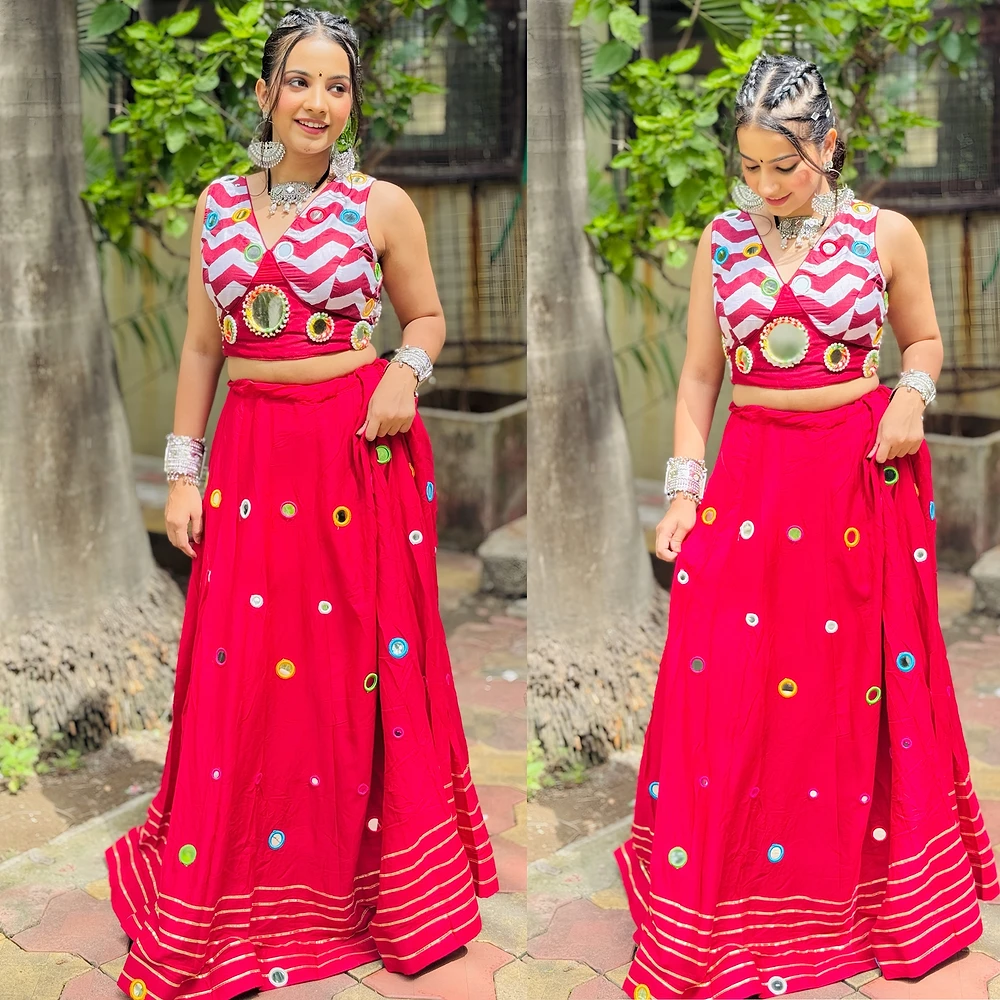 Stylish Red Color Chaniya Choli with Mirror Work — view 1
